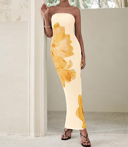 Image of PRETTYGARDEN Women Summer Strapless Maxi Dress Bodycon Floral Sexy Long Wedding Guest Dress Formal Tube Mesh Cocktail Dresses