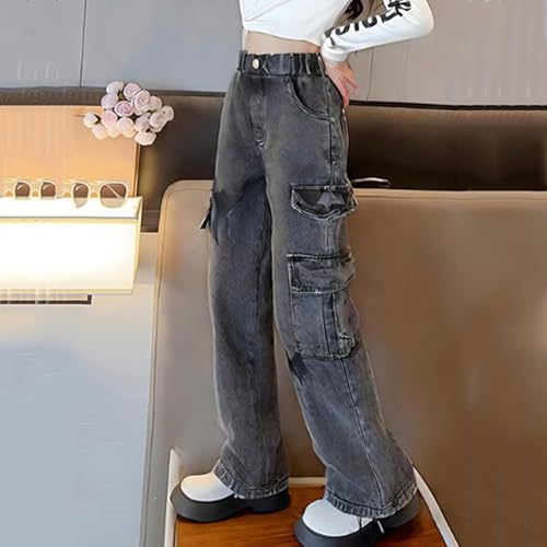 Baggy Cargo Jeans for Toddler Girls Elastic Waist Flap Pocket Star Y2k Straight Leg Pull On Denim Pants Kids 4-8 Y2