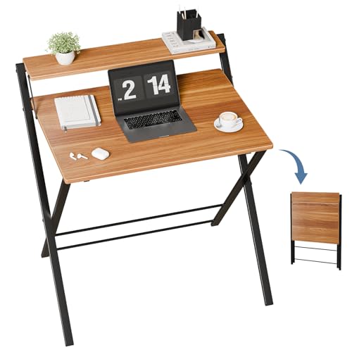 DUMOS Folding Desk with Shelf, No Assembly Computer Desk, Small Space Brown