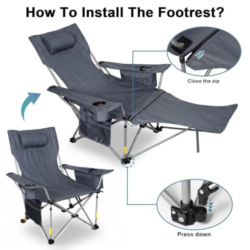 Image of Romswi 2Pack 4-Position Reclining Camping Chair with Removable Footrest, 2-in-1 Adjustable Portable Lounge Chair with Cooler Bag, Cup Holder, Side Pockets & Carry Bag for Outdoor, Grey