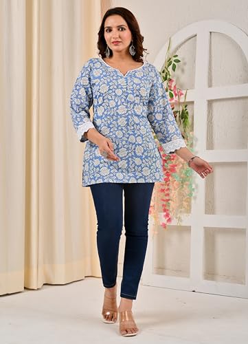 Image of MAHIRA'S Women's Short Kurti, Black Rayon Tunic Top with Embroidered Sleeves, 3 /4 Designer Sleeves