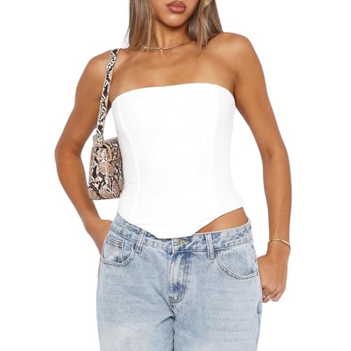 Argeousgor Womens Strapless Bustier Corset Top Y2k Lace Up Boned Overbust Corset Sexy Bodyshaper Tube Top Going Out Bustier Top (Cute White S)