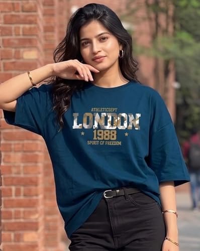 Image of Women's Typography Round Neck Cotton-Blend T-Shirts, Oversized Drop Shoulder Boho Style T-Shirt
