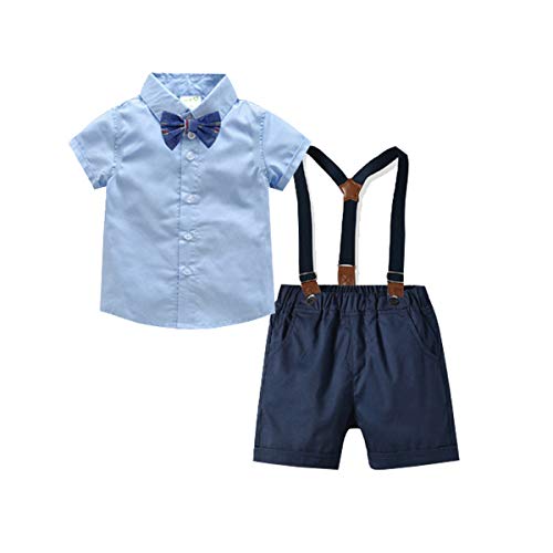 Baby Boys Gentleman Outfits Suits, Infant Short Sleeve Shirt+Bib Pants+Bow Tie Overalls Clothes Set Light Blue