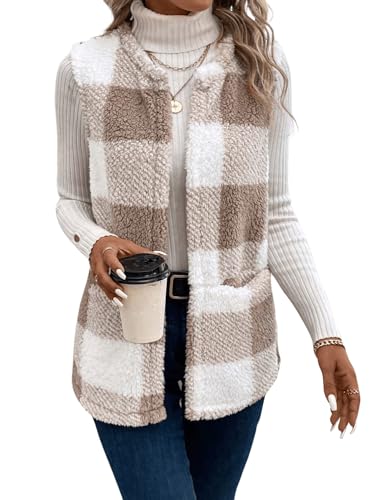 GORGLITTER Women's Plaid Teddy Vest Coat Sleeveless Open Front Long Vest Pockets Fuzzy Outerwear4