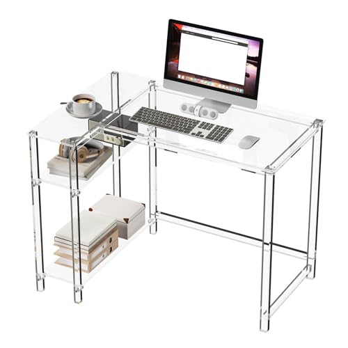 Scrivania A Forma di L In Acrilico Trasparente,Scrivania da Ufficio Moderna E Semplice con Ripiani Reversibili,Tavolo Console per Computer Portatili A 3 Livelli con Gambe Rett(Size:39",Color:Cancella)