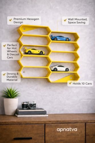 Image of 10-Car Hexagon Wall Rack Compatible with Hot Wheels Stand & 1:64 Die-Cast Cars | Stackable Wall Display Organizer with Side Guards & Screw Slot|Home & Office Decor (NO CAR INCLUDED)(Yellow)