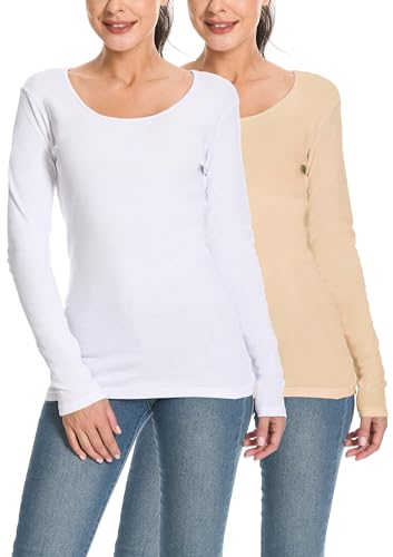 Comfneat Womens 2-Pack Pure Cotton Undershirts Long Sleeves Fitted Scoop Neck Tops Light Thermal Baselayers