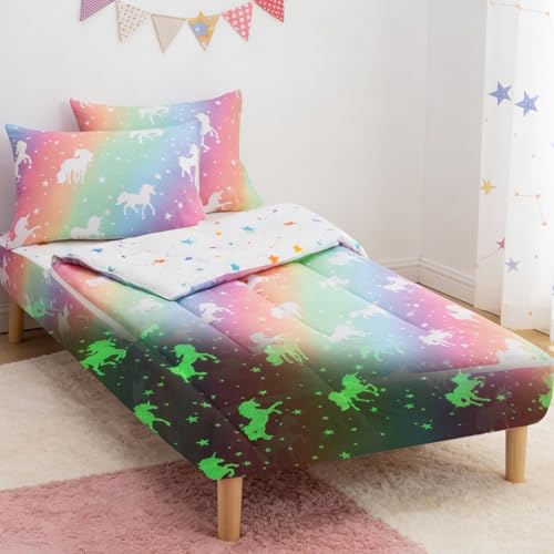 Image of Meeting Story Full Size Zipper Bedding, Glow in the Dark Girl Twin Bedding Sets,3 Pcs Unicorn Comforter Bed in a Bag with Fitted Sheet and 2 Pcs Pillowcases(Yellowpink,Full)