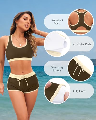 Image of Women Two Piece Sporty Bikini Set Athletic Swimsuits with Boy Shorts Bottom | Racerback, Crop top, Drawstring, Bathing suits, Mid Rise, Padded bra, Full lining, Scoop neck, Full coverage