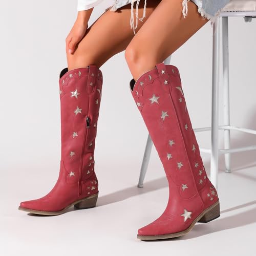 Knee High Cowgirl Boots with Stars Inlay Chunky Block Heels and Snip Toe Trend Shoes Stylish Embroidery Western Boots Cute Cowboy Boots For Ladies Casual Dressy Party2
