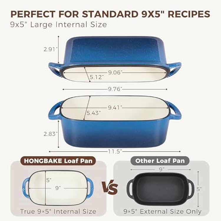 HONGBAKE Everline Collection 2 in 1 Enameled Cast Iron Loaf Pan with Lid, 9x5 Bread Pans for Baking Homemade Sourdough, Nonstick Large Banana Baking Tins, Even Heating Bread Dutch Oven, Blue