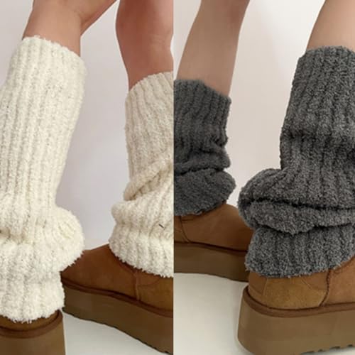 Women Winter Furry Ribbed Knit Leg Warmers Thicken Warm Boots Cover Long Socks4