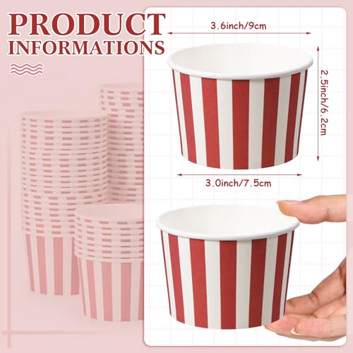 Image of Zopeal 50 Count Red and White Striped Ice Cream Cups Paper Dessert Bowls