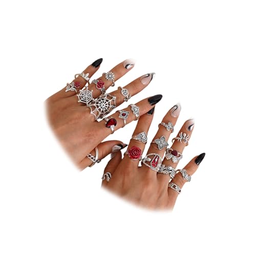 CHICUTIE 22PCS Vintage Silver Knuckle Rings Set for Women, Retro Stackable Gothic Aesthetic Punk Joint Finger Statement Ring, Halloween Skeleton Skull Bat Spider Flower Hollow Carved Chunky Midi Stacking Rings Pack