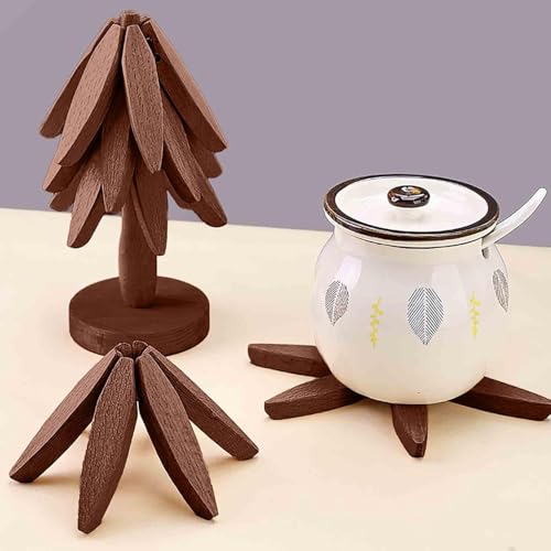 Image of Wooden Cup Coaster Set，Tree Shape Trivet Set,Tree Coasters- 4 Wooden Trivets + 1 Stand stored for hot Dish /Pot /Bowl /teapot /hot Pot Set