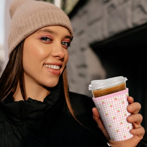 Image of Reusable 3-Pack Iced Coffee Cup Sleeve, Insulated Neoprene, Beverage Holder for Iced Coffee, Durable Drink Sleeve for Cold Beverages, Strawberry Grid