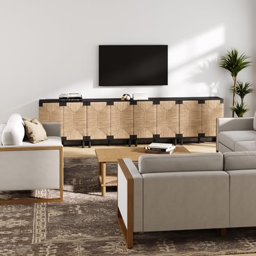 Image of Nathan James Beacon Accent Natural Sideboard Storage Cabinet TV Stand in Wire-Brushed Wood with Adjustable Interior Shelf and Seagrass Doors, for Hallway, Entryway or Dining Room, Black, Set of 4