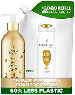 Pantene Repair & Protect Silicone-free Refill Set Shampoo, Eco Friendly Gift for Damaged Hair in Reusable Aluminium Shampoo Bottle (430 ml) + a Refill Pouch (480ml), 910 ml