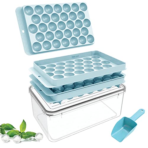 Ice Cube Trays With Lid & Bin Round Ice Mold Making For Freezer 66 X 1In Ice Ball, Circle Ice Cube Tray Chilling Cocktail Whiskey Tea Coffee (2 Sphere Ice Trays & 1 Container & Scoop) (Clear Lid) #TOP9