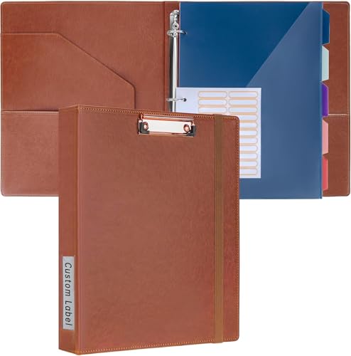 HAUTOCO Klemmbrett A4 Ordner, Ringbuch Mit 3 Ringen 25 mm, PU Leder Ringordner Schmal, Aktenordner Mit 5 Dokumententaschen, Klemmbrett Mit Deckel für Studium, Büro, Braun