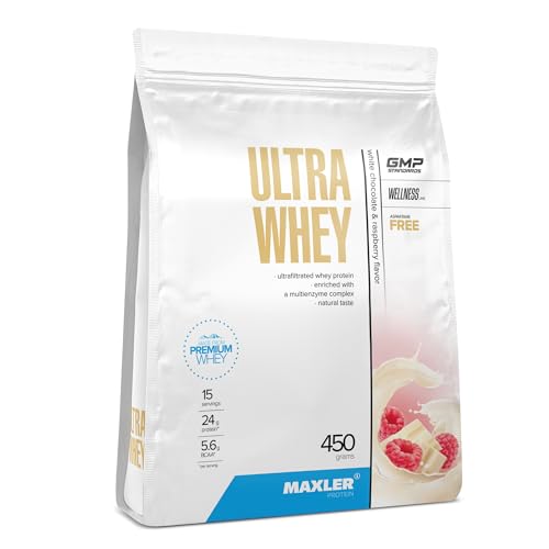 Maxler Proteine ultra siero – 24 g di proteine per porzione – Polvere di proteine del siero di latte – Con BCAA – Cioccolato bianco e lampone - 450g