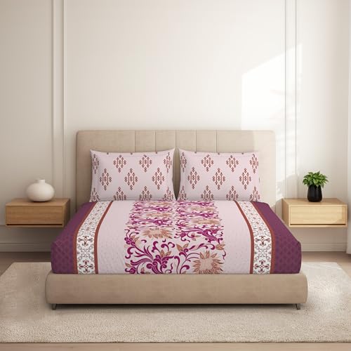 Image of Spaces Welspun Ease 100% Cotton Elegant Floral Print Double Bedsheet with 2 Pillow Covers - Soft Feel, Easy Care & Skin Friendly - 224 X 254 Cm - Dark Pink