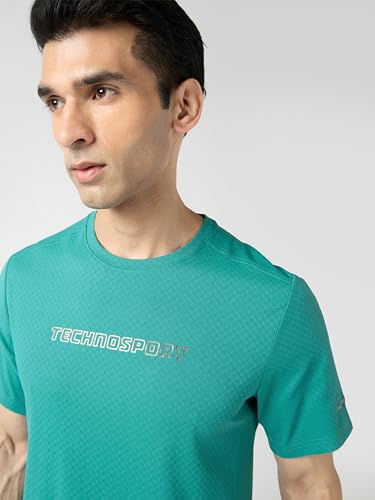 Image of TECHNOSPORT Men's Printed Slim Fit Henley Neck T-Shirt ELASTOLITE Half Sleeve Slip On Polyester for Gym Running Workout UPF50+ Anti Odour