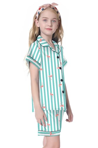 Image of Umeyda Women & Girls Pajamas Set, 2 Piece PJS Satin Silk Sleepwear Button-Down Top with Shorts for Mom Kids Gifts