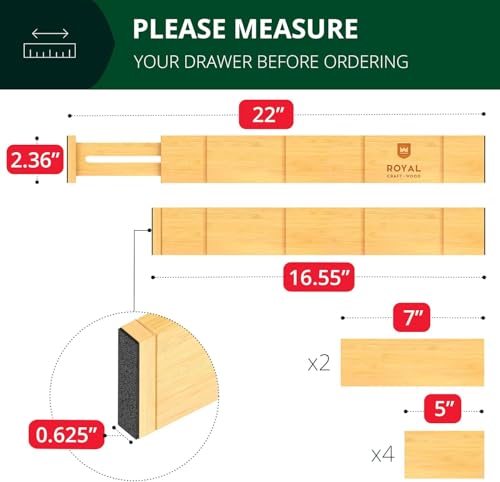 ROYAL CRAFT WOOD Adjustable Bamboo Drawer Dividers Organizers (17\" - 21.5\") with Inserts - Expandable Drawer Organization Separators for Kitchen Large Utensils, Clothes, Bedroom, 4-Pack