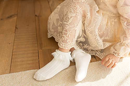 Gwenvenni Newborn baby Girls White Ruffle Lace Trim Cotton Socks Eyelet Frilly Dress Socks 5 -Pack, 0-6 Months4