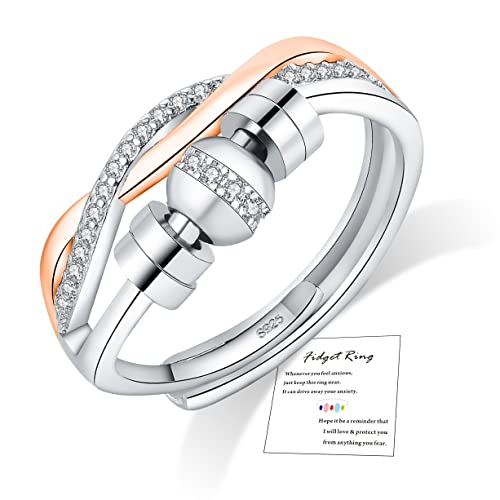 FUNTE® Sterling Silver Anxiety Rings Fidget Rings for Anxiety Women Adjustable Spinner Rings for Girls Cubic Zirconia Stress Relief Ring Gifts(With Gift Card & Box)