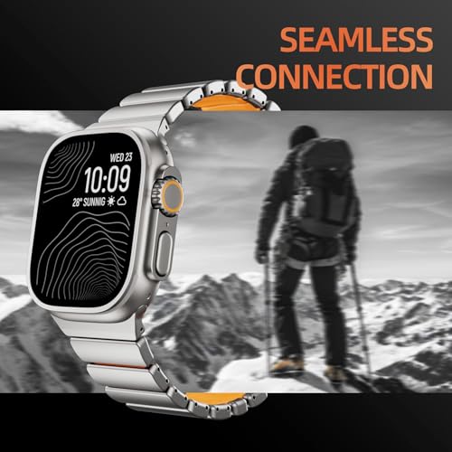 Image of Morofy Titanium Silicone Dual-Layer Link Bands Compatible with Apple Watch Band Ultra 3 /2 /1 49mm 46mm 45mm 44mm Men Women Magnetic Clasp Metal Strap for iwatch Series 11 10 9 8 7 6 5 4 SE (Silver|Orange)