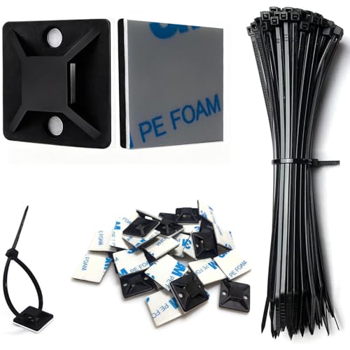 Strong Back-Glue Self Adhesive Cable Zip Tie Mounts Kit - 100 Set Cable Management Clips with 6' Zip...