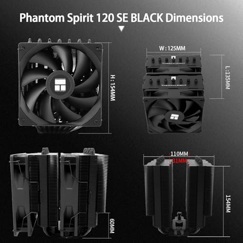 Image of Thermalright Phantom Spirit 120 SE Black CPU Air Cooler,7 Heat Pipes CPU Cooler,Dual 120mm PWM Fans, 25.6dba,for AM4 /AM5&Intel 1851 /1700 /1150 /1151 /1200, PC Cooler Tower