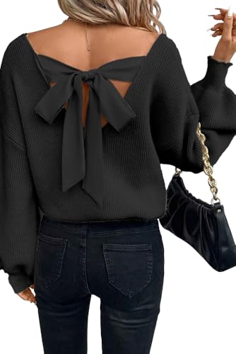 Image of Womens Off Shoulder Bow Back Sweater Sexy Loose Fit Deep V Neck Knit Tops | Backless, Lantern Long Sleeves, Ribbed Knit, Lightweight, Fall Winter Outfit, Party, Halloween, Christmas, New Year's Eve