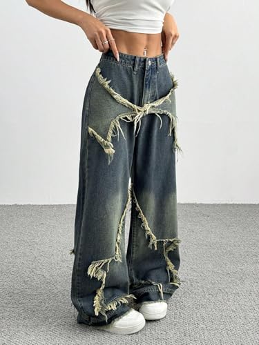 Urchics Womens Casual Pants Fashionable Distressed Wide Leg Jeans with Star Applique4