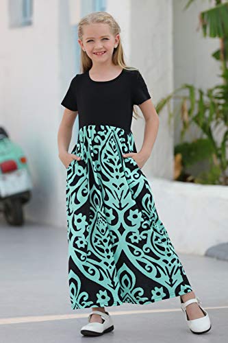 GORLYA Girl's Short Sleeve Patchwork Floral Print Loose Casual Long Maxi Dress with Pockets for 4-12 Years Kids4