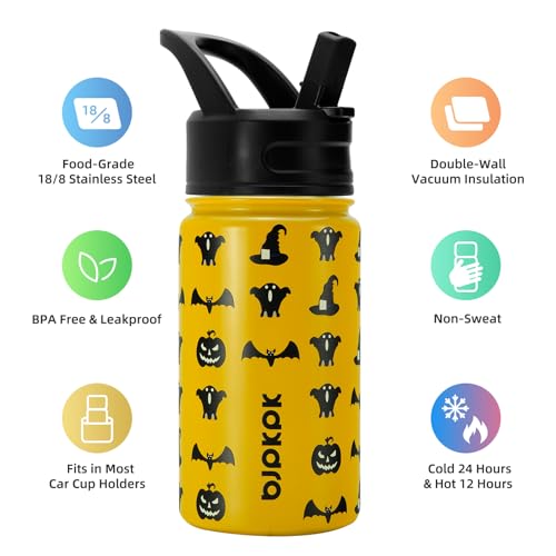 Image of BJPKPK 15oz Insulated Water Bottle with Straw Lid, 15oz Stainless Steel Water Bottles, Reusable Leak Proof BPA-Free Thermos with 2 Straws, 1 Straw Brush(Halloween)