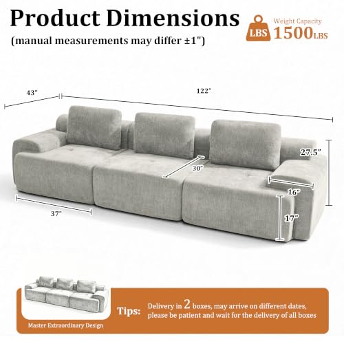 Image of 122 inch Oversized Boneless Couch, Comfort Cloud Sectional Couches for Living Room, Modular Sofa High Back & Extra Deep Seat, No Assembly, Soft Chenille Fabric (Light Grey, 122 inch-(3+0))