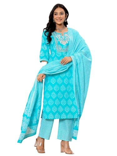 Image of Amayra Women's Cotton Embroidered Straight Kurta with Palazzo Pant and Dupatta Set