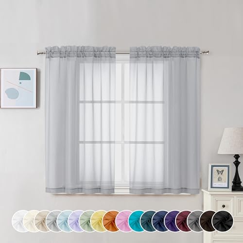 Image of Chyhomenyc Light Grey Sheer Curtains 45 Inch Long 2 Panels, Light Filtering Rod Pocket Voile Short Curtains Drapes for Living Room Bedroom Small Windows, 42Wx45L Inches