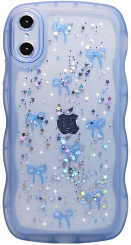 Qokey for iPhone X/XS Case 5.8" Clear Curly Wave Edge Bling Cover,Blue Bow | Curly Wave Edge Design,Transparent Glitter Star,Shiny Cute Full Protection,Soft TPU Shockproof Phone Cover for Women Men