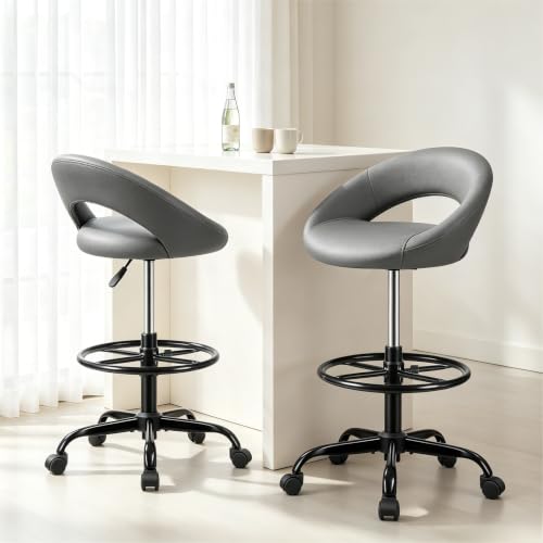 Image of Ergonomic Drafting Chair for Standing Desk - Gray, 2 Pack | Height Adjustable Rolling Stool with Backrest & Footrest, Tall Swivel PU Leather Chair with Wheels for Office Kitchen Salon