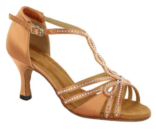 Sandales de danse latine pour femme avec strass et talon marron de 7 cm en taille 35.5