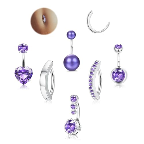LOLIAS Purple Belly Button Rings Surgical Stainless Steel Belly Rings CZ Clicker Belly Button Piercings for Women Navel Piercings Pack