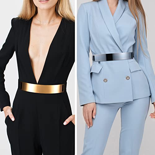 Handepo 4 Pcs Women Mirror Waist Belt Metal Stretch Dress Belts Plated Obi Band Waistband Elastic for Women Metallic Mirror, 4 Colors3