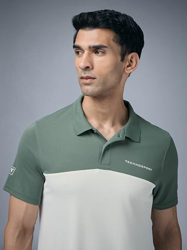Image of TECHNOSPORT Men's Slim Fit Color Block Half Sleeve Polo Neck T-Shirt with Technocool+, UPF50+ Sun Protection for Gym, Sports & Regular Use