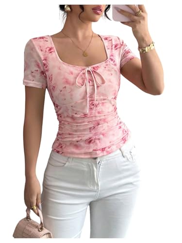 GORGLITTER Women's Floral Mesh Ruched T Shirt Tie Front Short Sleeve Square Neck Slim Tops