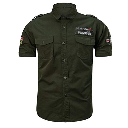 Camisetas Hombre Manga Corta Moda Camisas Casual para Hombres Militares Color Puro Bolsillo Manga Corta Camiseta Suelta Tops Camisa de Trabajo